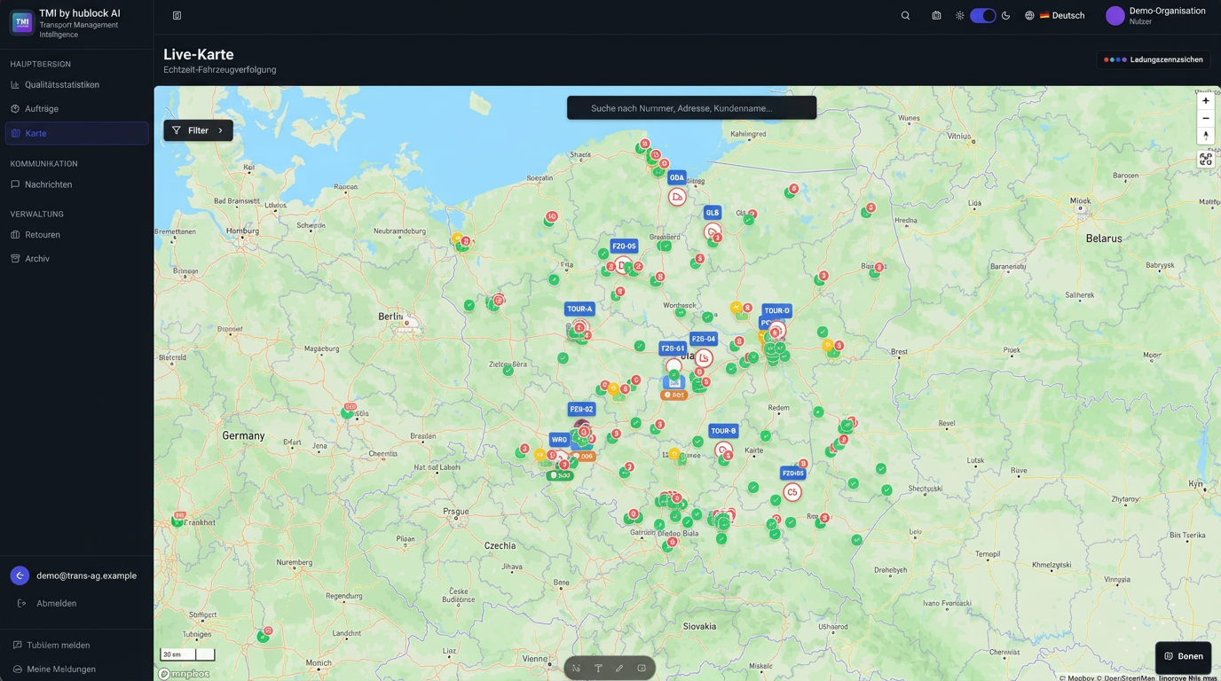 TMI Live-Karte mit Fahrzeugpositionen und Zustellstatus in Polen und Tschechien